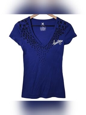 Hurley Juniors Womens Small Graphic V-Neck Short Sleeve Shirt Y2K Blue Black